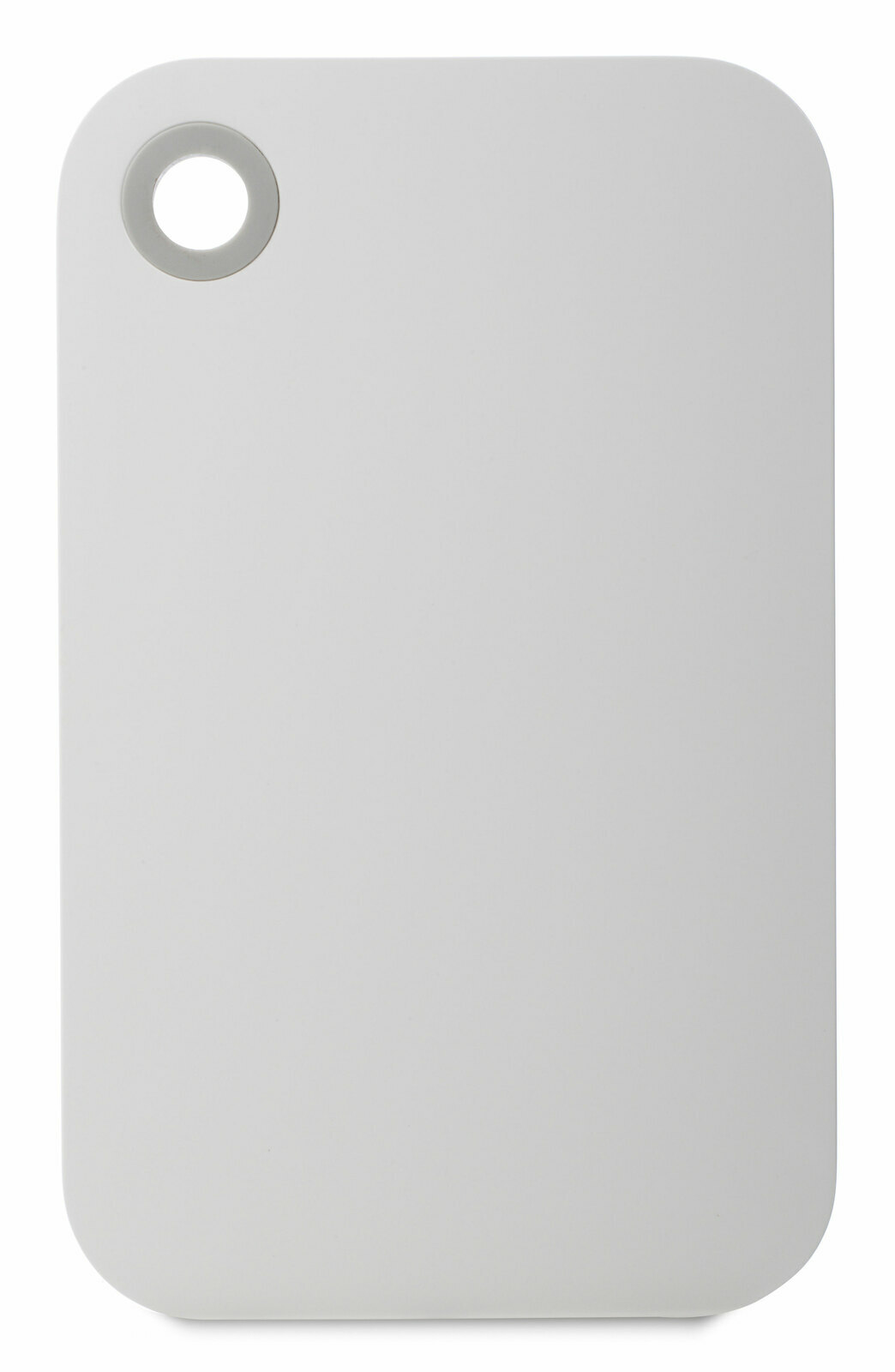 Weißes Frühstücksbrettchen mit abgerundeten Ecken und Loch, aus der Vogelperspektive fotografiert.