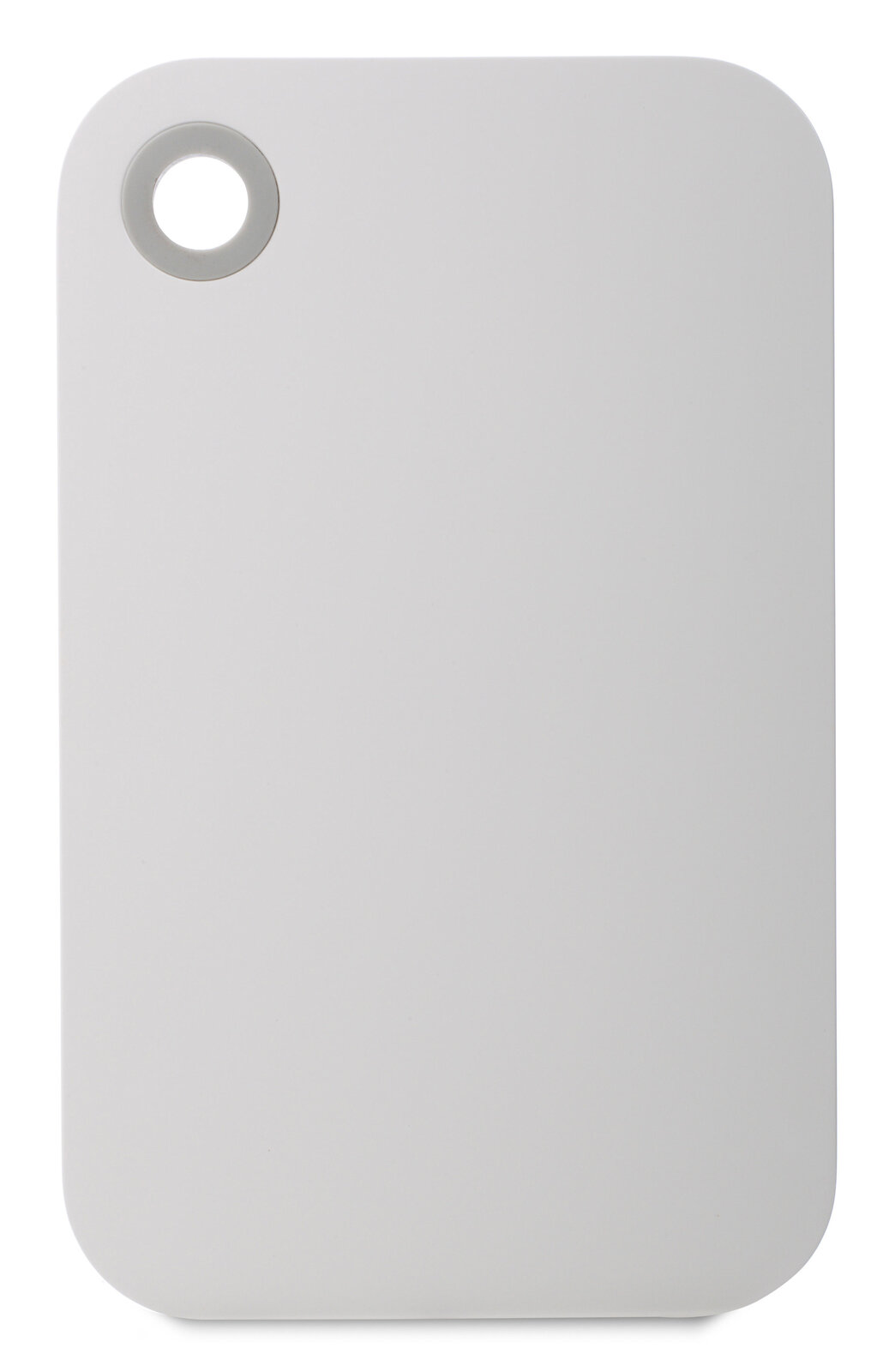 Weißes Frühstücksbrettchen mit abgerundeten Ecken und Loch, aus der Vogelperspektive fotografiert.