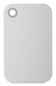 Weißes Frühstücksbrettchen mit abgerundeten Ecken und Loch, aus der Vogelperspektive fotografiert.