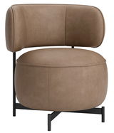 Moderner brauner Sessel mit runder Sitzfläche und geschwungener Rückenlehne, seitliche Perspektive