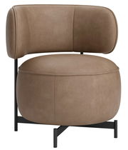 Moderner brauner Sessel mit runder Sitzfläche und geschwungener Rückenlehne, seitliche Perspektive