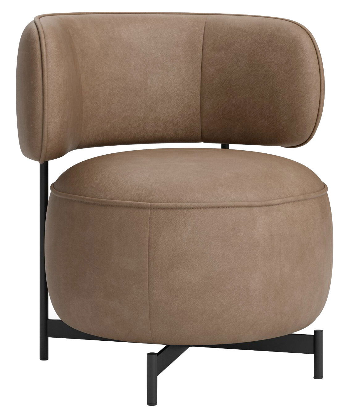 Moderner brauner Sessel mit runder Sitzfläche und geschwungener Rückenlehne, seitliche Perspektive