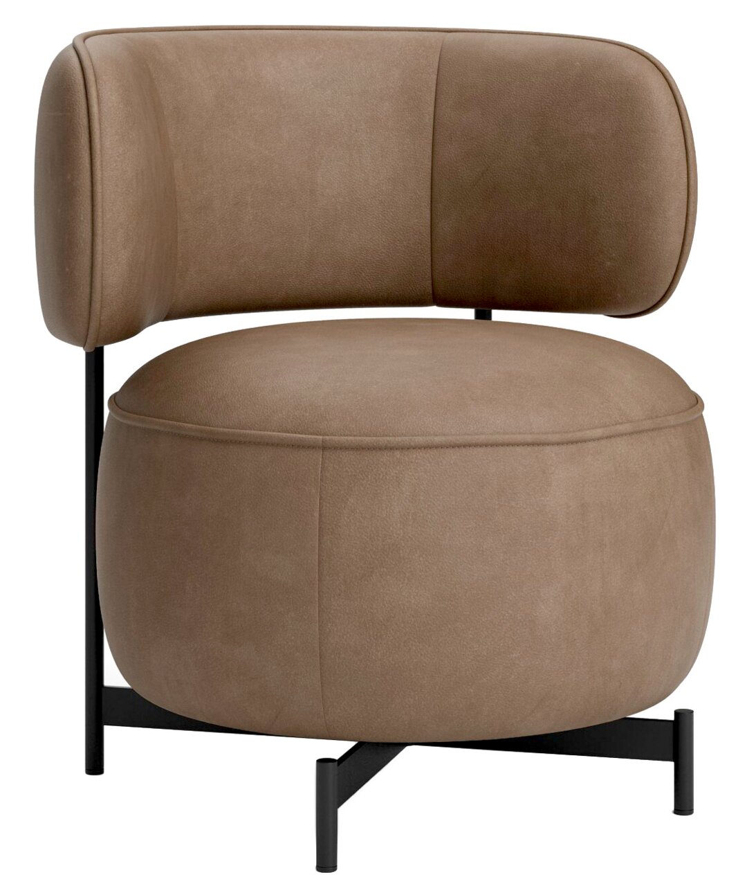 Moderne bruine fauteuil met ronde zitting en gebogen rugleuning, zijaanzicht