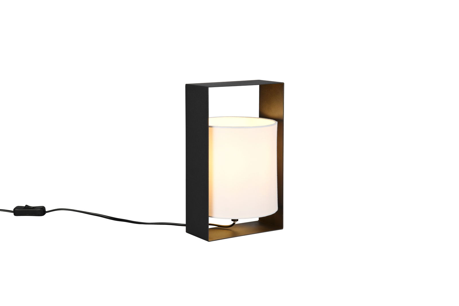 Moderne Tischleuchte mit rechteckigem, schwarzem Rahmen und zylindrischem, weißem Lampenschirm, seitliche Perspektive.