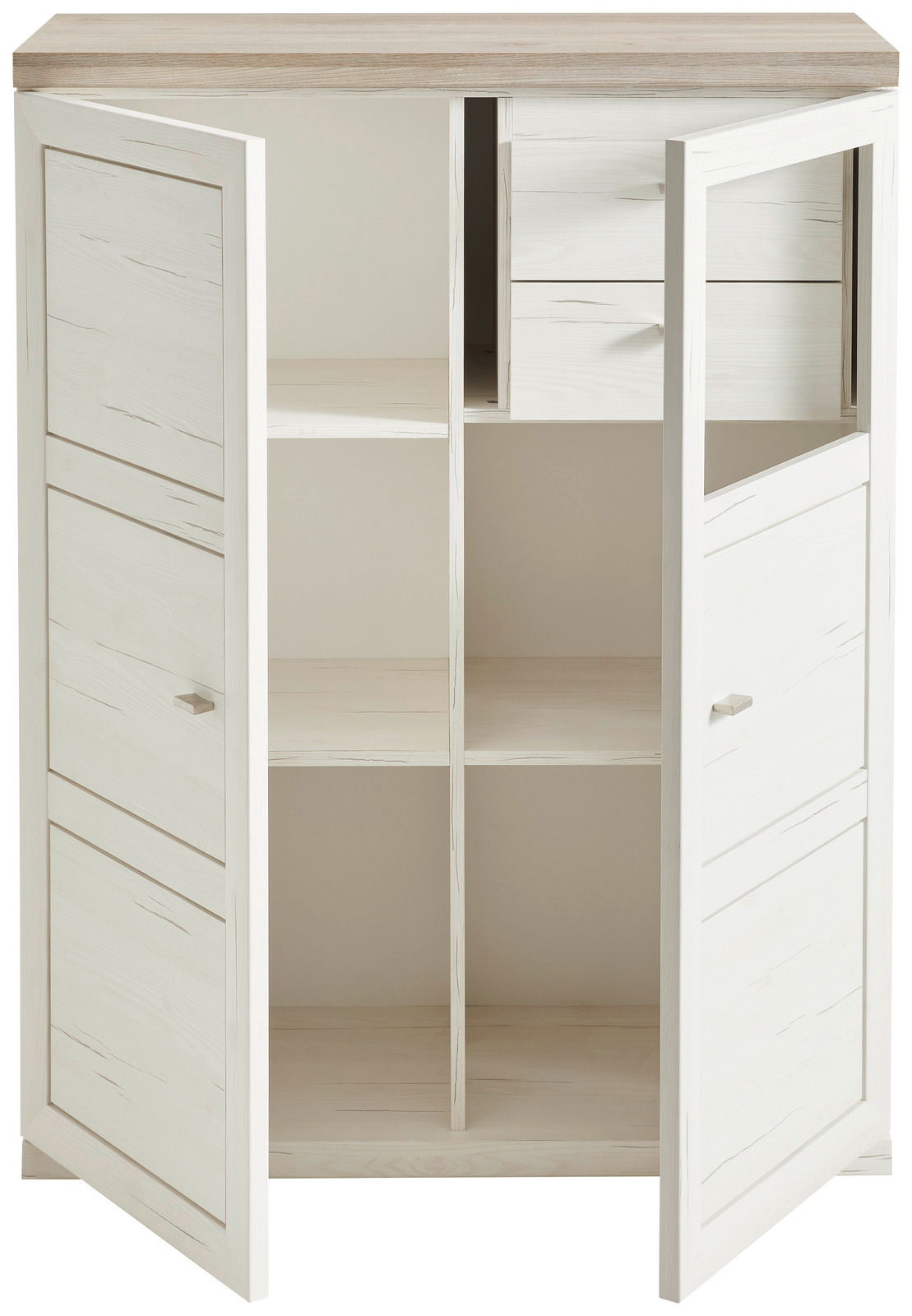Weiße Aktenkommode mit zwei offenen Türen und mehreren Fächern, frontal betrachtet.