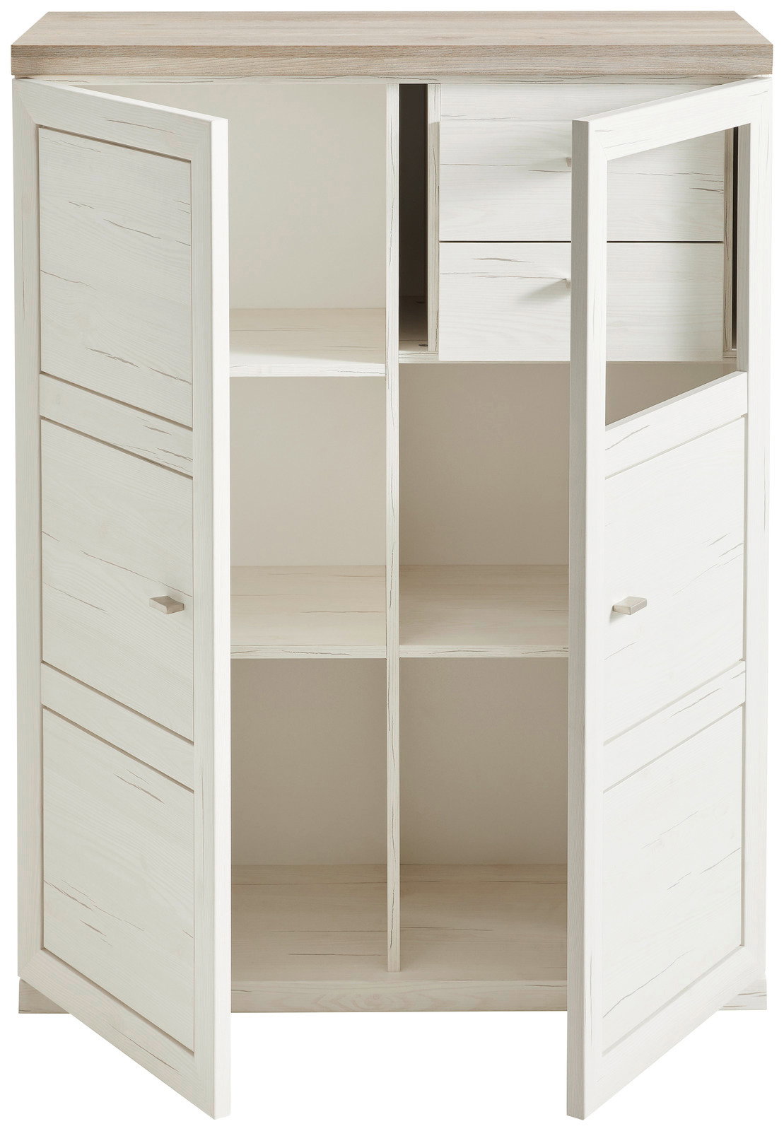 Weiße Aktenkommode mit zwei offenen Türen und mehreren Fächern, frontal betrachtet.