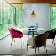 Esszimmer mit modernem Design, bestehend aus einem runden Tisch und bunten Sesseln der Serie SUNNY von Livetastic. Die Perspektive zeigt den Raum mit großen Fenstern, die einen Blick auf einen grünen Wald bieten.