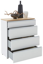Schubkastenkommode mit vier offenen Schubladen, dekoriert mit einer schwarzen Vase, einer weißen Vase und einer Schale auf der Oberseite, seitliche Perspektive