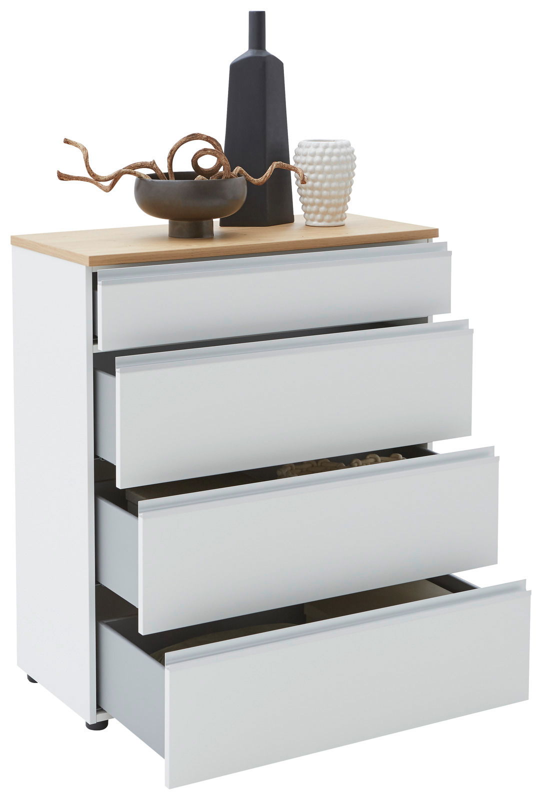 Schubkastenkommode mit vier offenen Schubladen, dekoriert mit einer schwarzen Vase, einer weißen Vase und einer Schale auf der Oberseite, seitliche Perspektive