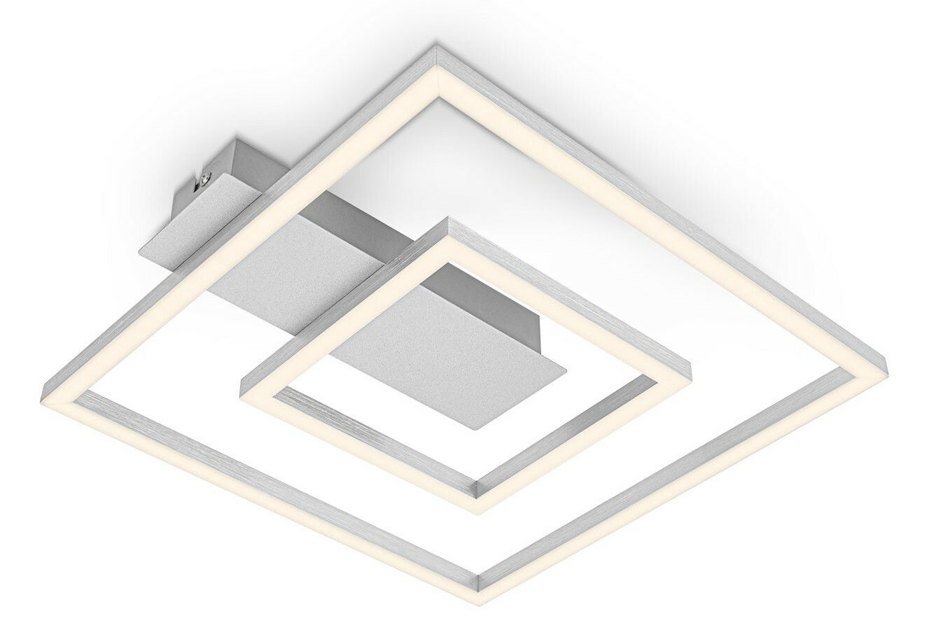 Moderne LED-Deckenleuchte in Aluminium mit quadratischem Design, seitliche Perspektive