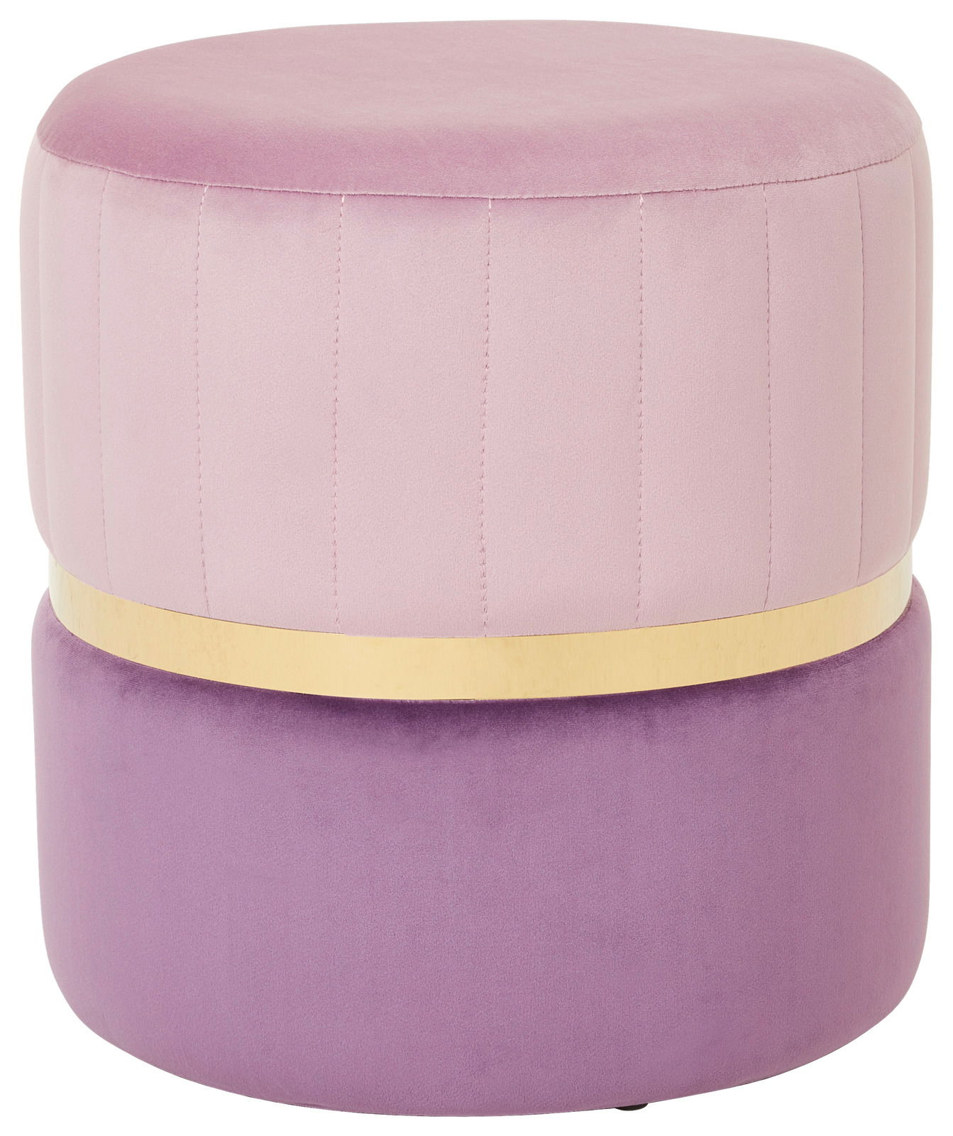 Runder, zweifarbiger Hocker in Rosa und Lila mit goldener Zierleiste, seitliche Perspektive