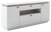 Modernes Sideboard in Weiß mit Holzoberfläche, seitliche Perspektive