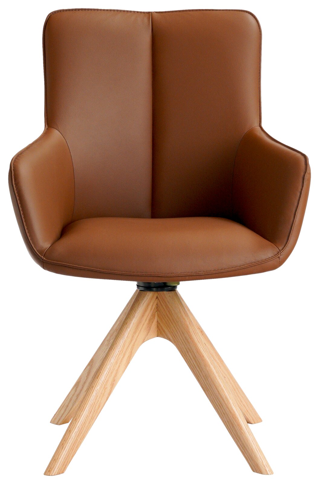 Brauner Armlehnstuhl mit Holzbeinen, Frontalansicht