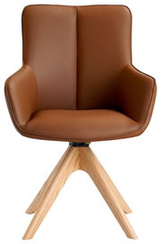 Brauner Armlehnstuhl mit Holzbeinen, Frontalansicht