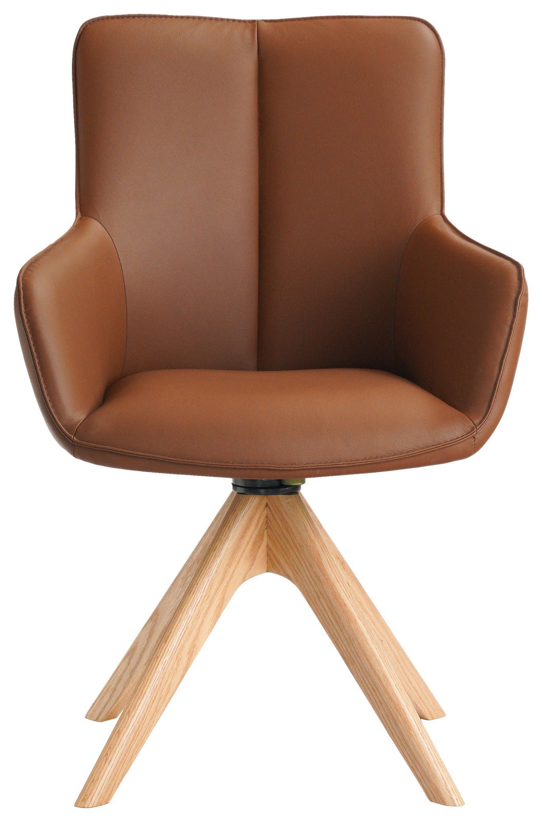 Brauner Armlehnstuhl mit Holzbeinen, Frontalansicht