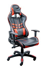 Schwarzer und roter Gaming-Stuhl XORA BETTZY, Vorderansicht, mit ergonomischem Design und verstellbaren Armlehnen.
