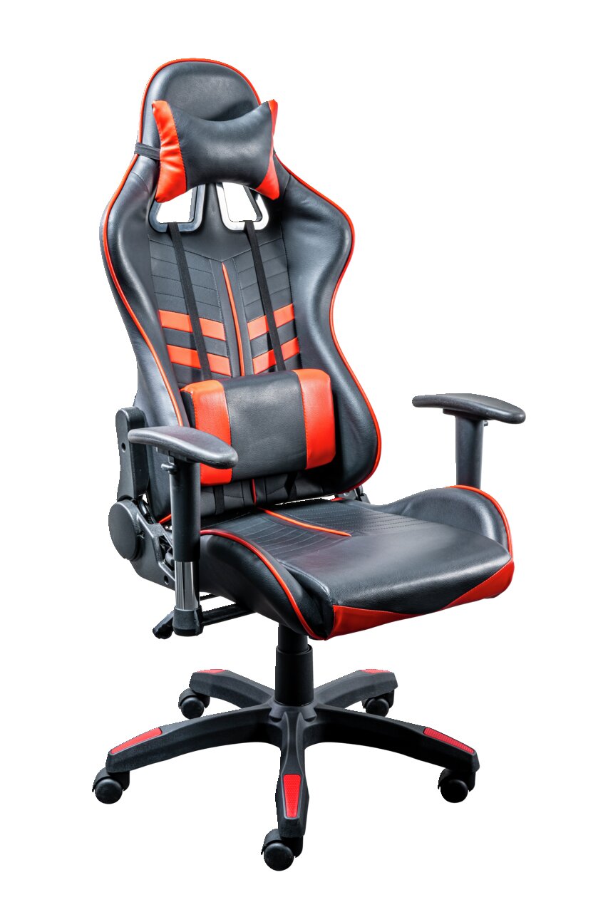 Schwarzer und roter Gaming-Stuhl XORA BETTZY, Vorderansicht, mit ergonomischem Design und verstellbaren Armlehnen.