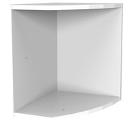 Weißer Eckaufsatz für Abschlussregal, perspektivisch von vorne links betrachtet.