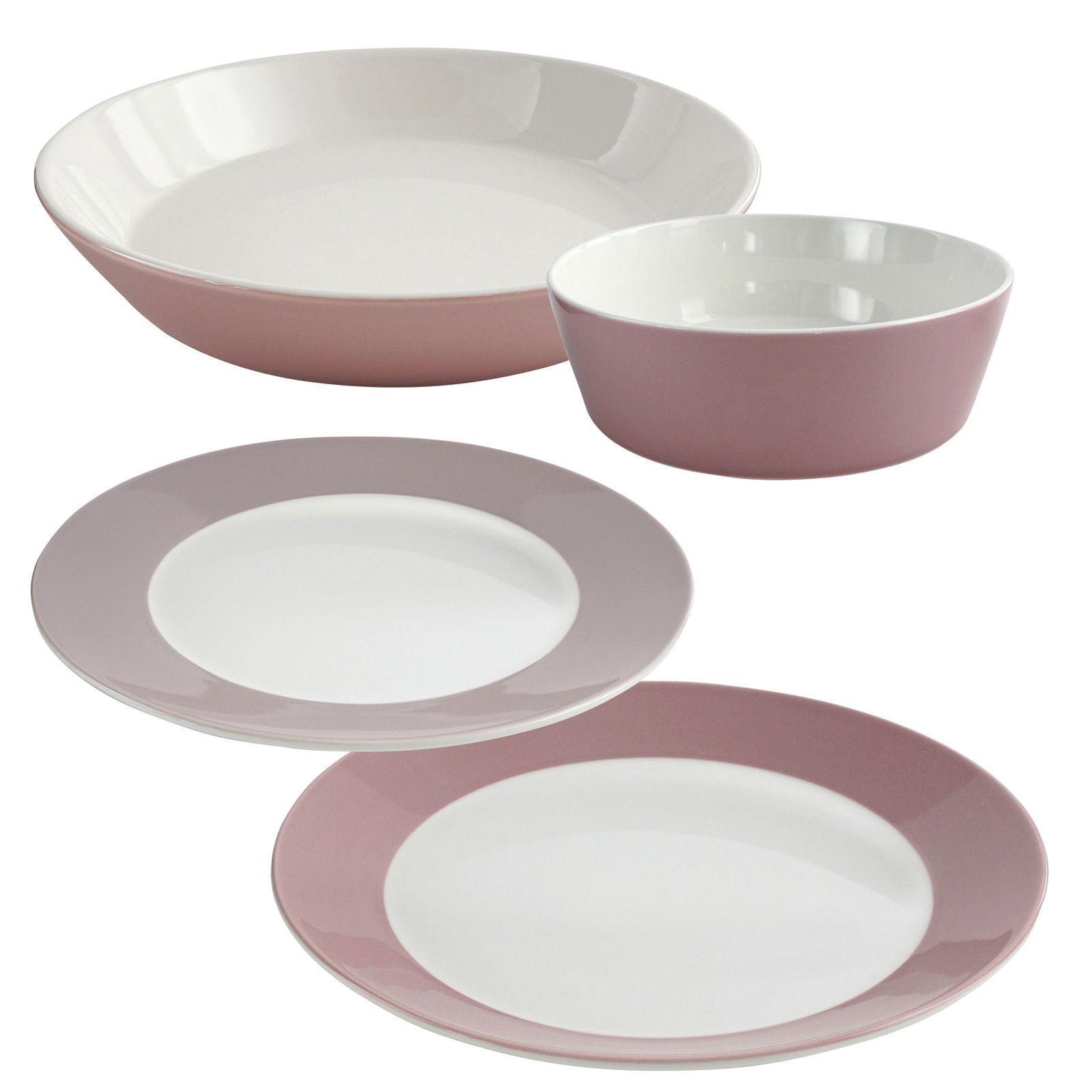 Dinnerset 19-teilig in Beere, bestehend aus flachen und tiefen Tellern sowie Schalen, aus seitlicher Perspektive fotografiert.