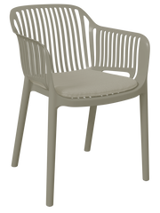 Moderner Stapelsessel aus Kunststoff mit Armlehnen und beigem Sitzkissen, seitliche Perspektive