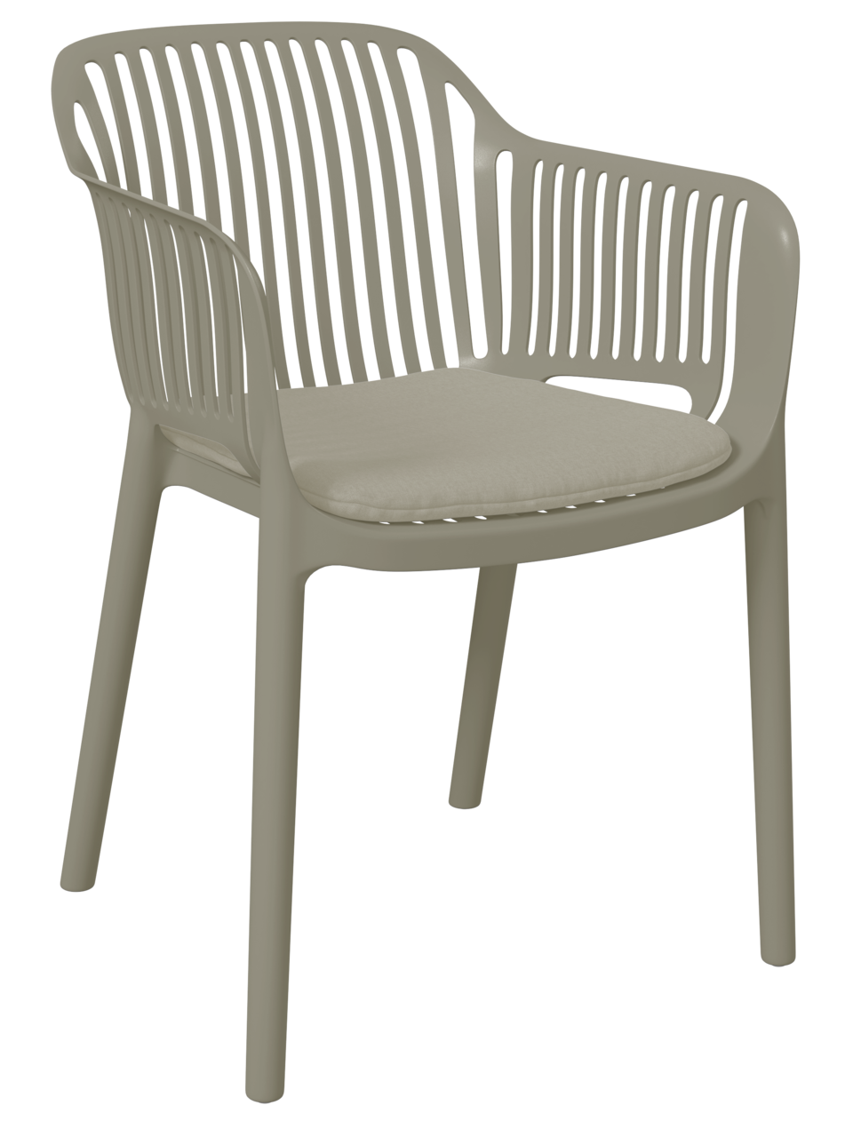 Moderner Stapelsessel aus Kunststoff mit Armlehnen und beigem Sitzkissen, seitliche Perspektive