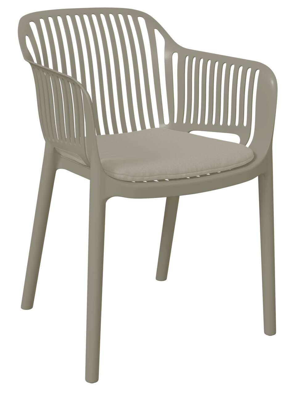 Ambia Garden Stapelbare stoel MINO Moderne stapelbare stoel van kunststof met armleuningen en een beige zitkussen, zijaanzicht