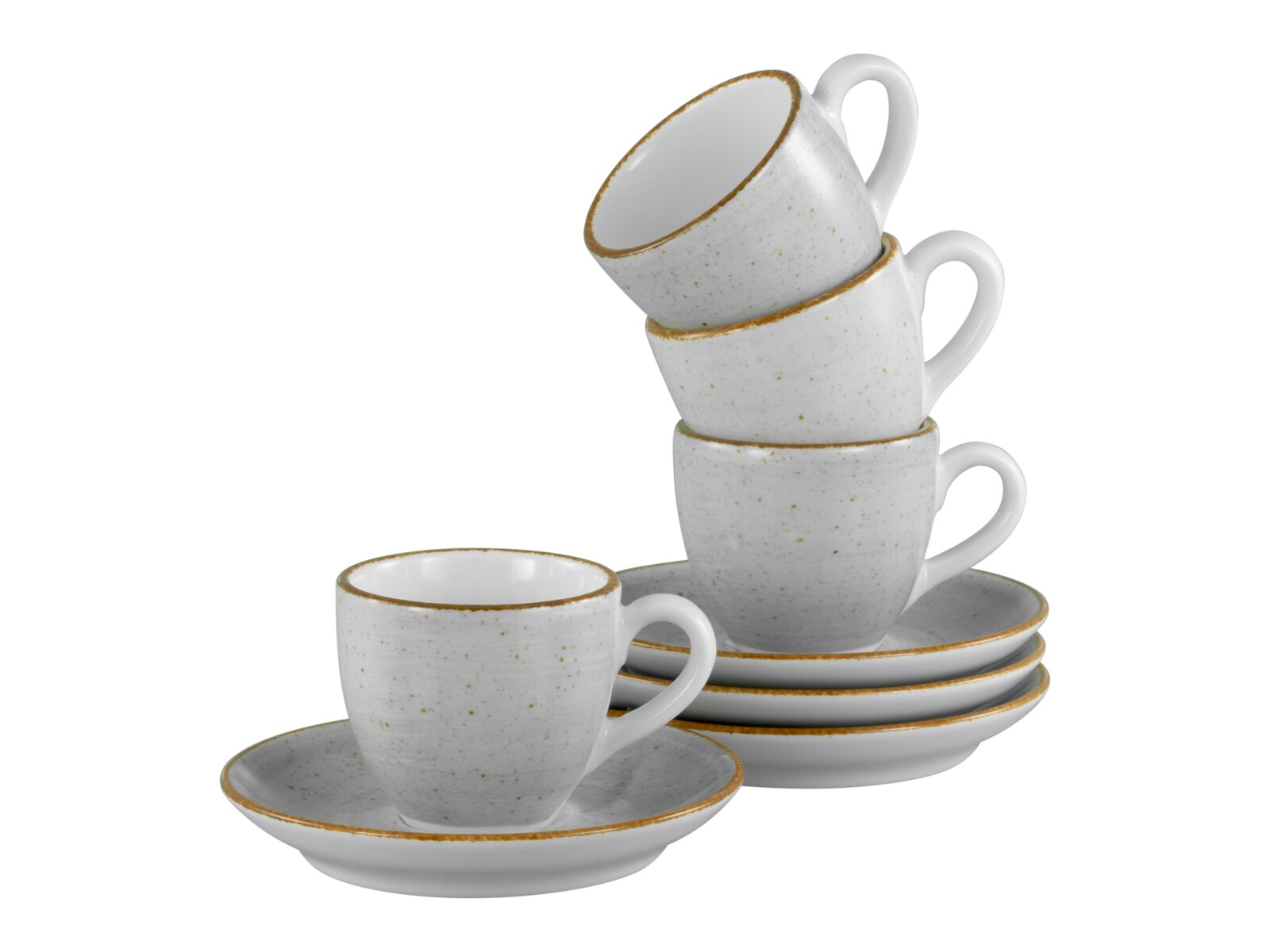 Weiß gesprenkeltes Espresso-Tassen- und Untertassen-Set mit braunem Rand, mehrere Tassen gestapelt und eine Tasse vorne auf Untertasse, Perspektive: leicht schräg von vorne in Studioansicht auf weißem Hintergrund