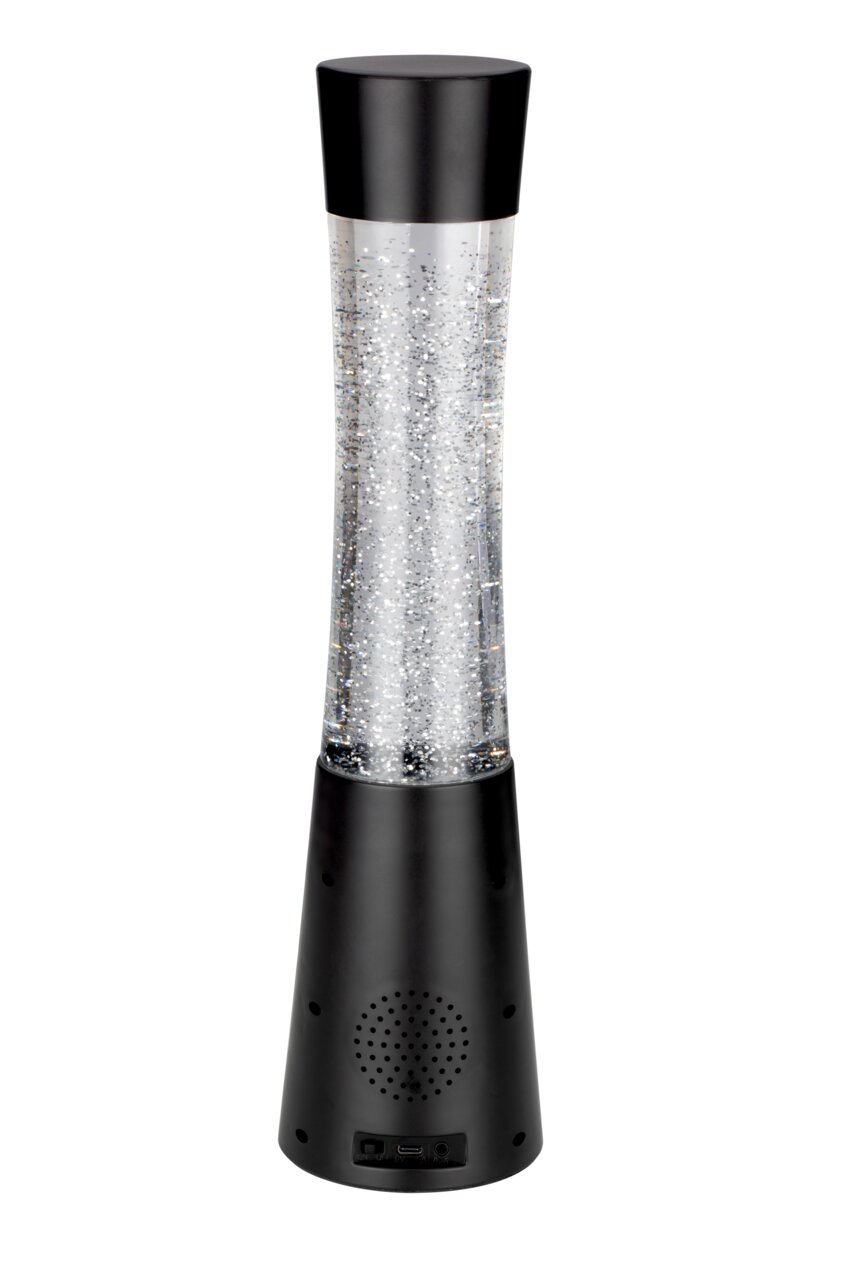 Schwarze LED-Dekoleuchte mit glitzerndem Wasser, zylindrische Form, Frontalansicht