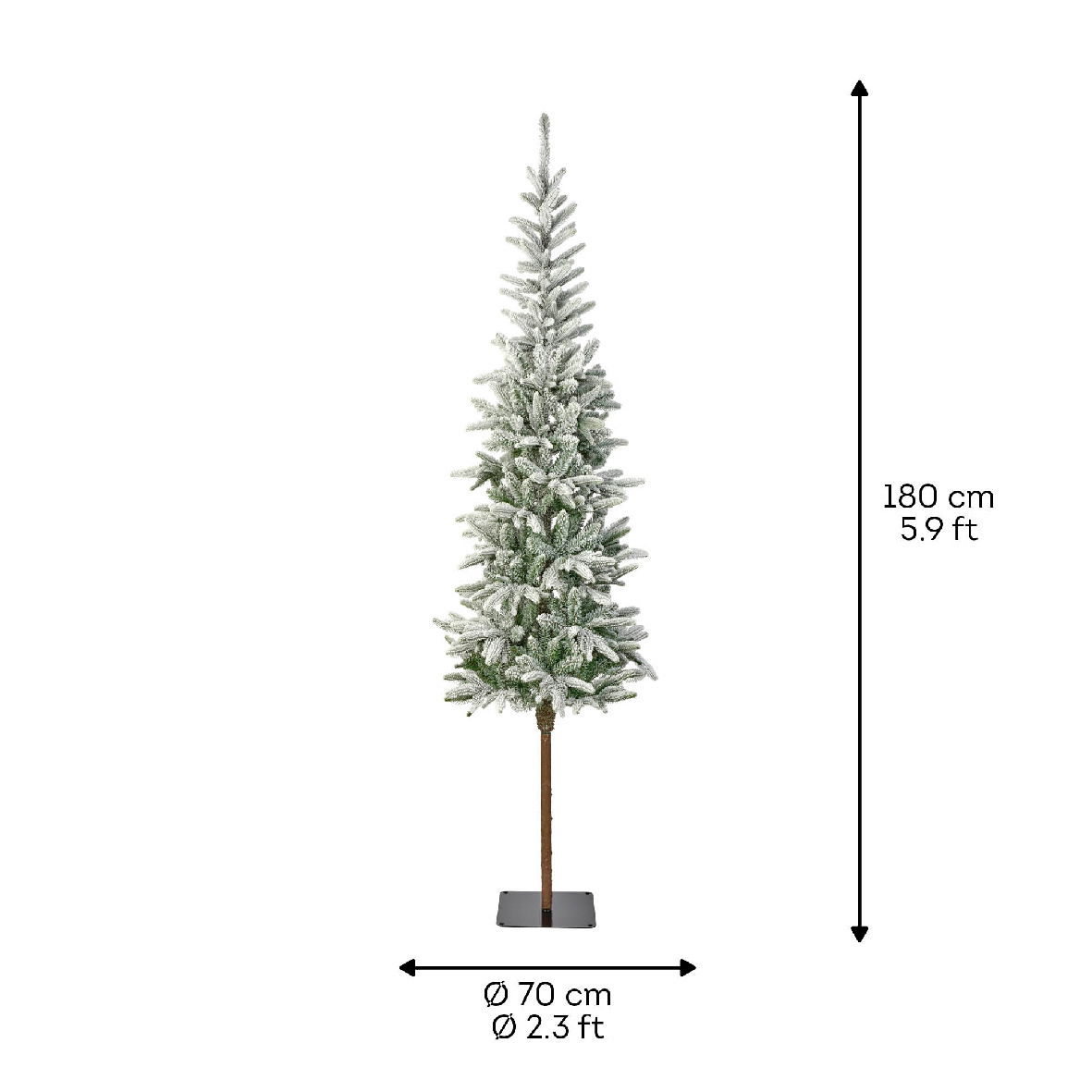 Künstlicher Weihnachtsbaum Alpbach Tanne mit Schneeoptik, 180 cm hoch, 70 cm Durchmesser, frontale Ansicht