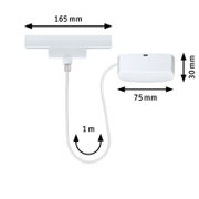Stromeinspeisung Zigbee in weißer Farbe, bestehend aus einem rechteckigen Modul mit den Maßen 165 mm x 75 mm x 30 mm, verbunden durch ein 1 Meter langes Kabel. Ansicht von oben.