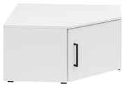 Weißer Eckaufsatzschrank mit schwarzem Griff, perspektivisch von vorne rechts gesehen.
