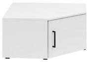 Weißer Eckaufsatzschrank mit schwarzem Griff, perspektivisch von vorne rechts gesehen.