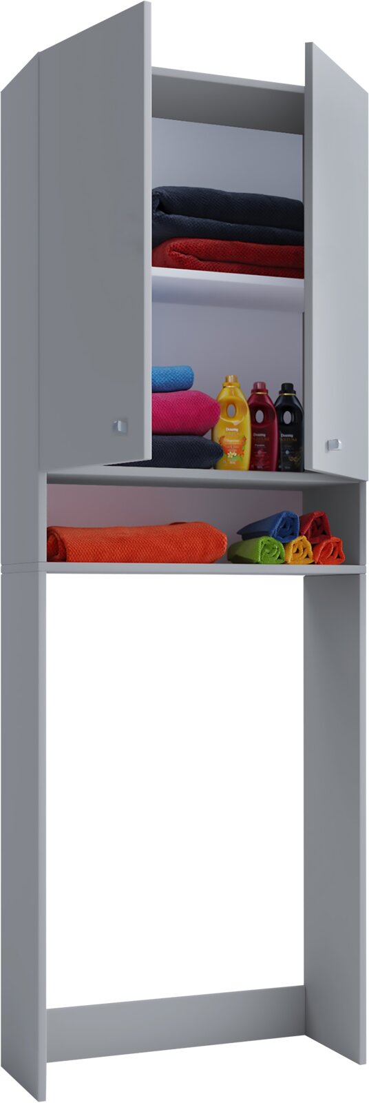 VCM Waschmaschinenschrank LONA Grauer Waschmaschinen-Überbauschrank mit zwei geöffneten Türen und Regalfächern, bestückt mit gefalteten Handtüchern und Waschmitteln, Ansicht schräg von vorn