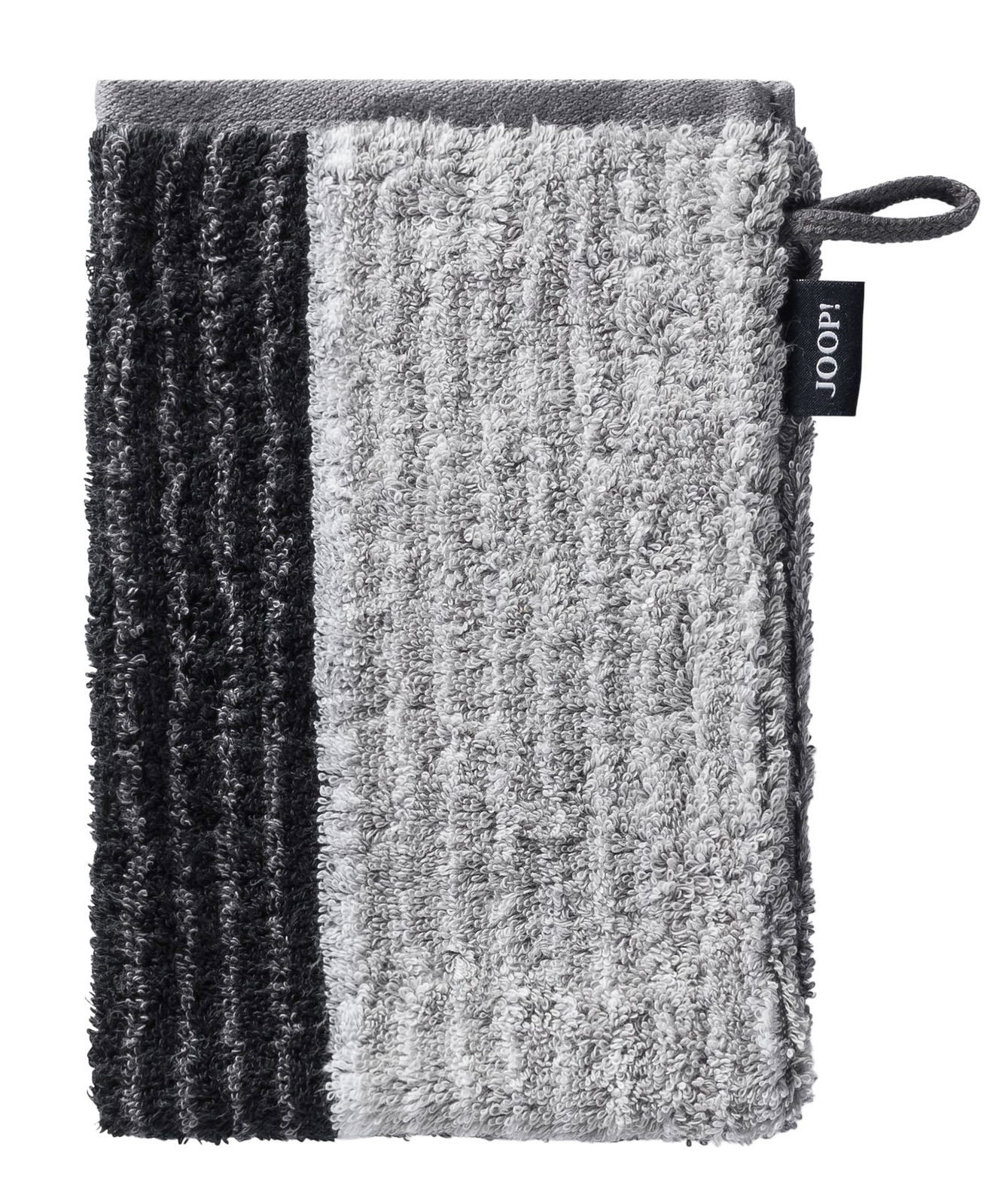 Grauer Waschhandschuh mit schwarzem Streifen, von oben betrachtet, mit JOOP! Etikett.