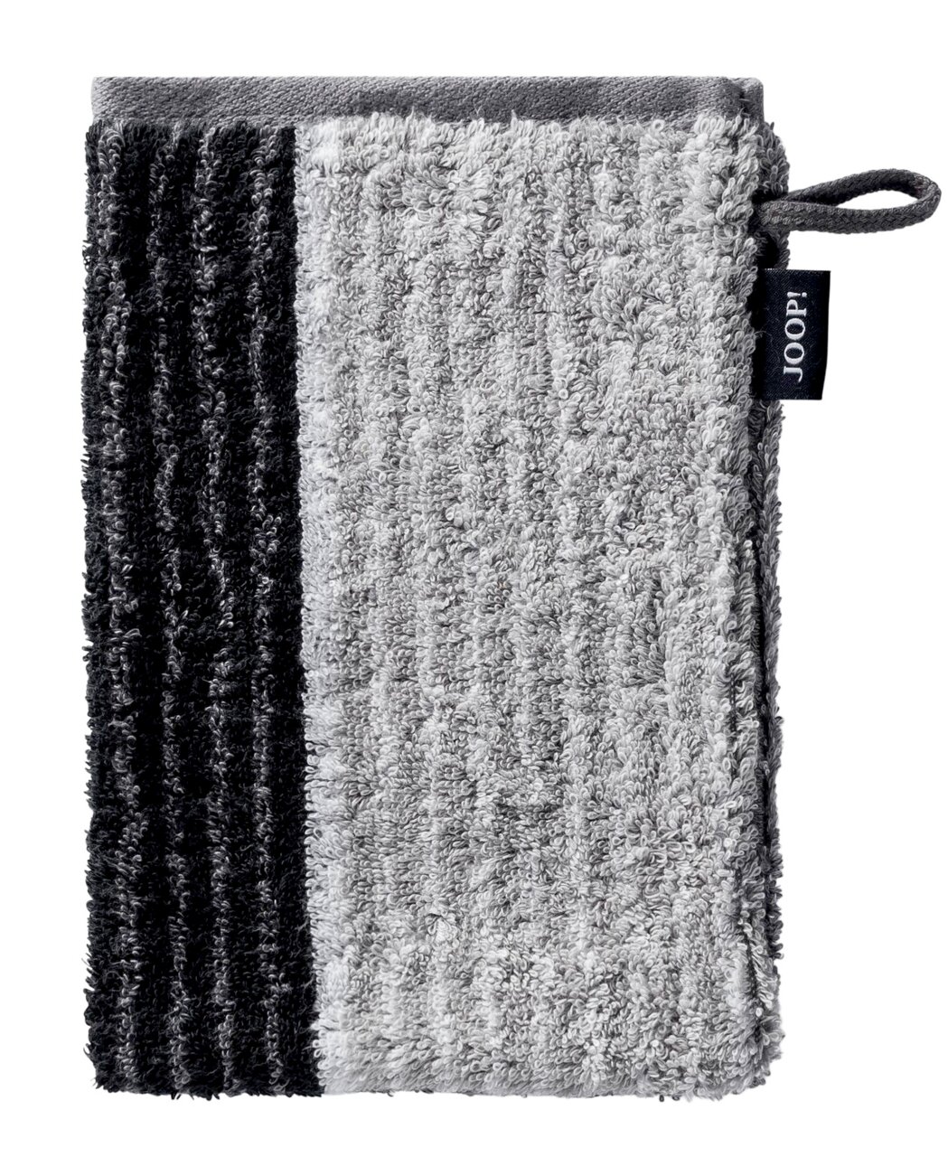 JOOP! Waschhandschuh SIGNATURE Grauer Waschhandschuh mit schwarzem Streifen, von oben betrachtet, mit JOOP! Etikett.
