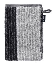 Grauer Waschhandschuh mit schwarzem Streifen, von oben betrachtet, mit JOOP! Etikett.