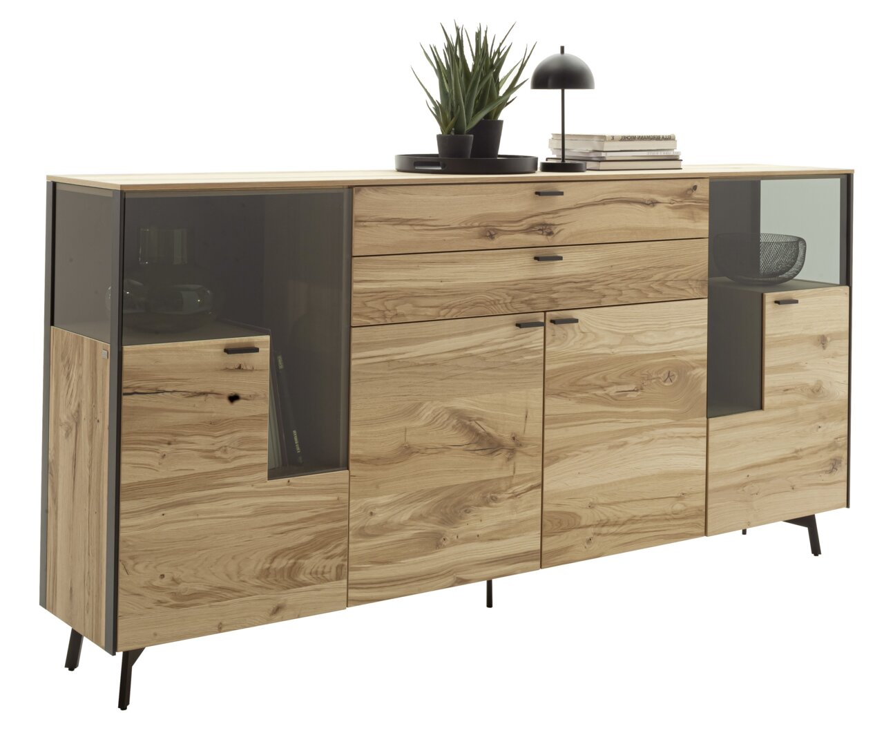 Modernes Sideboard aus Holz mit Glasakzenten, seitliche Perspektive