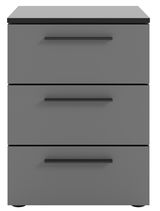 Graue Nachtkommode mit drei Schubladen, frontale Ansicht