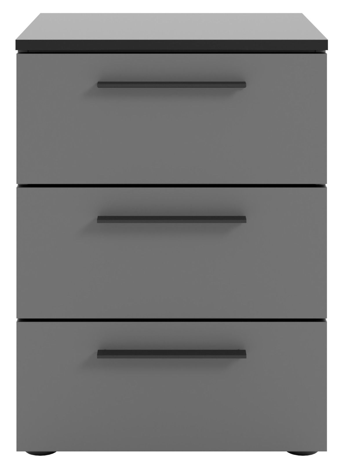 Graue Nachtkommode mit drei Schubladen, frontale Ansicht
