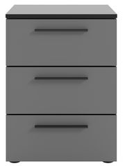 Graue Nachtkommode mit drei Schubladen, frontale Ansicht