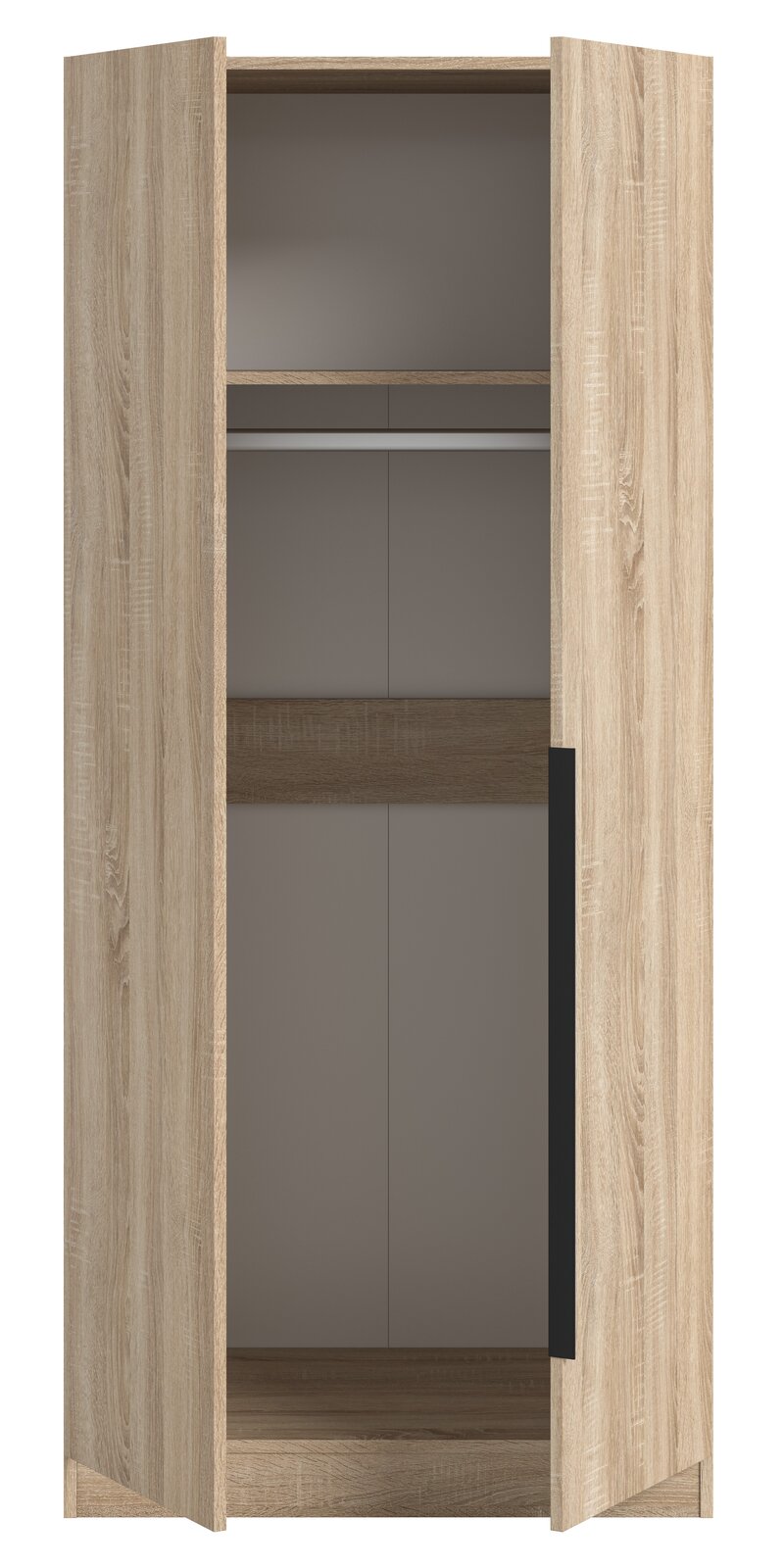Zweitüriger Kleiderschrank in heller Holzoptik mit geöffneten Türen, Innenraum mit Kleiderstange und Ablagefächern, Frontansicht