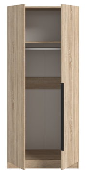 Zweitüriger Kleiderschrank in heller Holzoptik mit geöffneten Türen, Innenraum mit Kleiderstange und Ablagefächern, Frontansicht