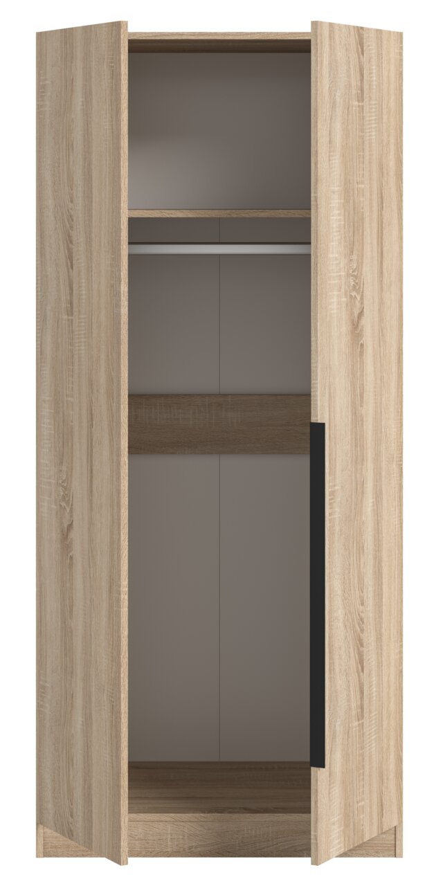 Zweitüriger Kleiderschrank in heller Holzoptik mit geöffneten Türen, Innenraum mit Kleiderstange und Ablagefächern, Frontansicht
