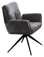 Moderner grauer Stuhl mit Armlehnen und schwarzem Metallgestell, seitliche Perspektive