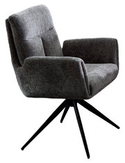 Moderner grauer Stuhl mit Armlehnen und schwarzem Metallgestell, seitliche Perspektive