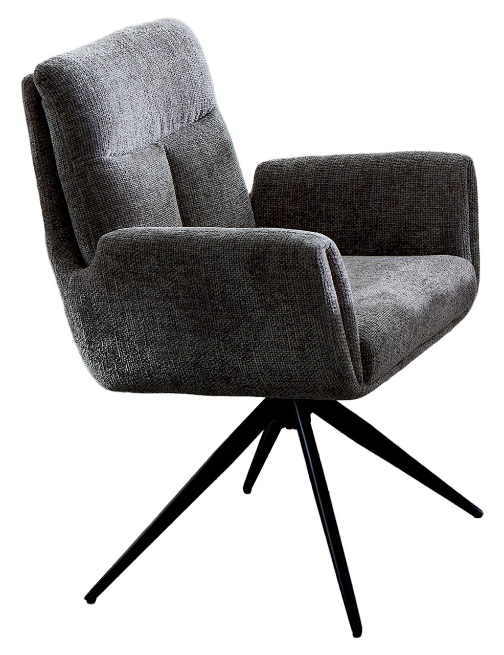 Moderner grauer Stuhl mit Armlehnen und schwarzem Metallgestell, seitliche Perspektive