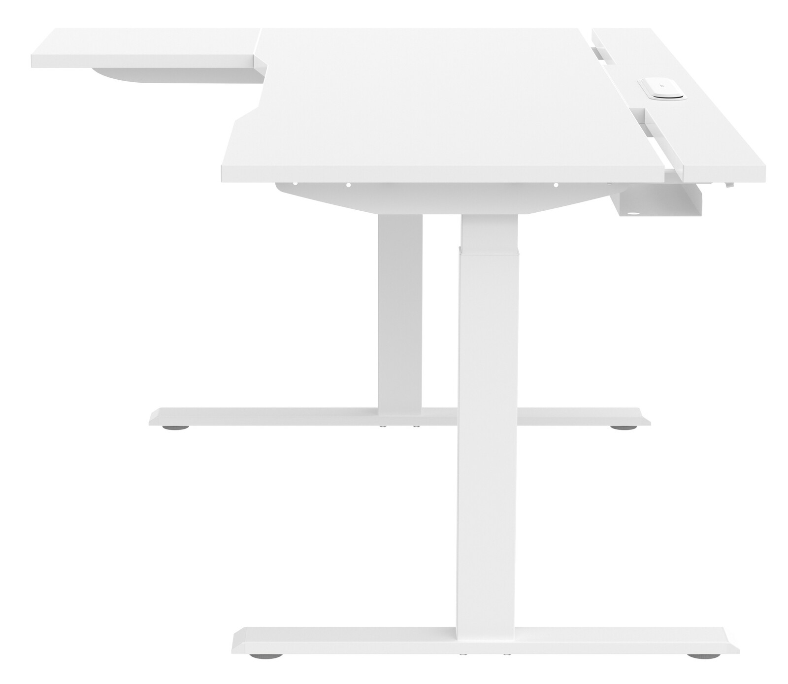 Seitenansicht eines weißen E-Schreibtischs mit höhenverstellbarem Gestell und zusätzlicher Ablagefläche.