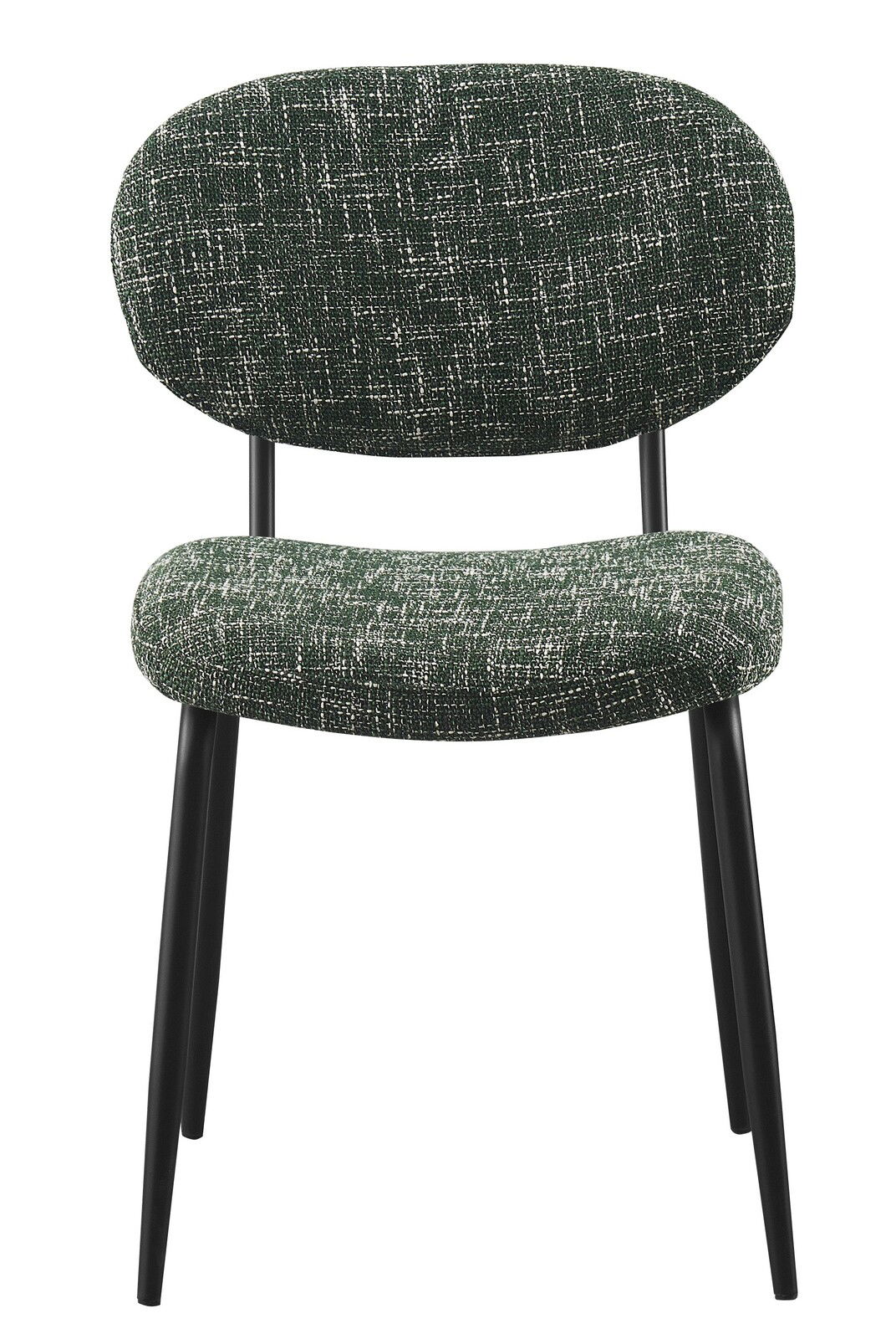 Moderner Stuhl mit grünem, gemustertem Polster und schwarzen Metallbeinen, Frontalansicht