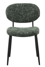 Moderner Stuhl mit grünem, gemustertem Polster und schwarzen Metallbeinen, Frontalansicht