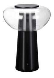 Moderne LED-Tischleuchte mit schwarzem Sockel und transparentem Lampenschirm, seitliche Perspektive